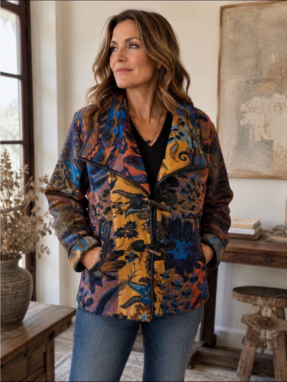 Parsley and Sage large Multi-Color Patterned Toggle Pea Coat